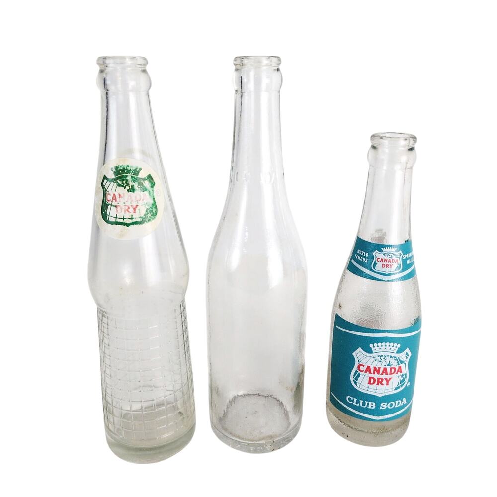 Set 3 Vtg 1960s Canada Dry ACL Glass Bottles 7oz Club Soda 12oz 10oz Ginger Ale